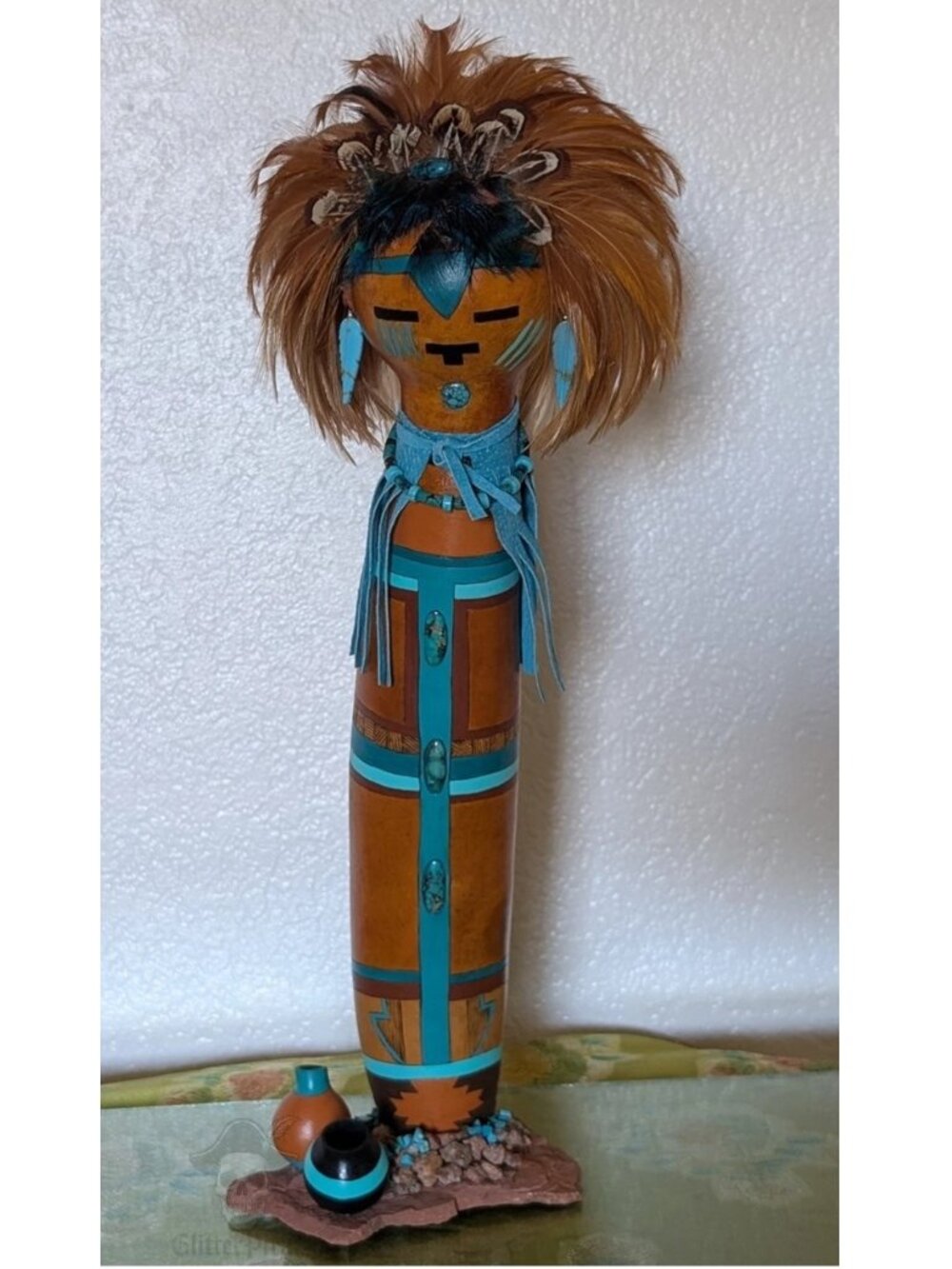 17.5" Signed Sheryl Walton Natural Turquoise Southwestern Gourd Folk Spirit Doll